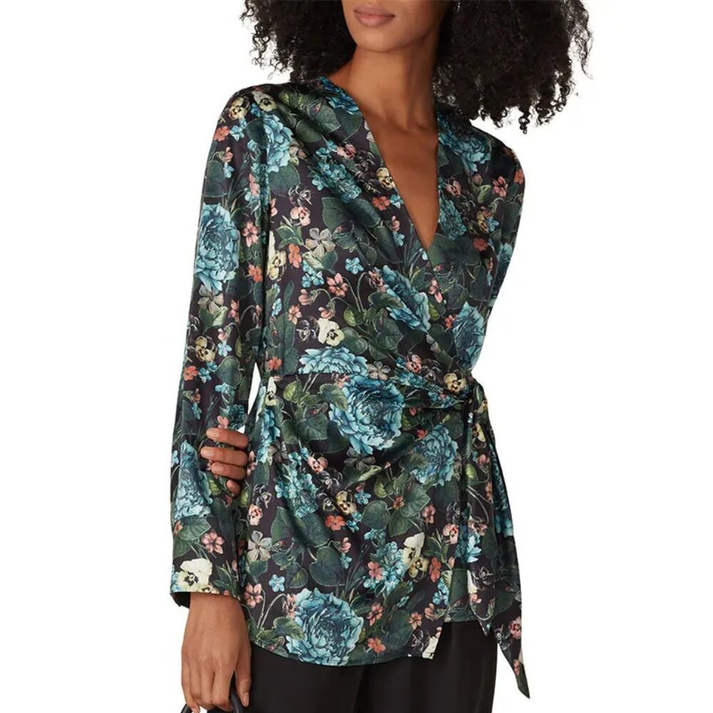 Badgley Mischka Navy and Green Satin Floral Wrap Top